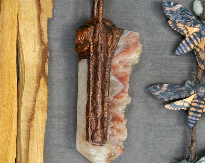 Crazy Lace Agate Point Pendant, Raw Stone Edge, Recycled Copper