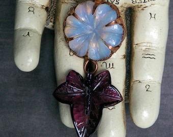 Opalite Flower and Glass Leaf Necklace, Rainbow Steel Chain, Inspired by “Her Lunar Bloom" Short Story