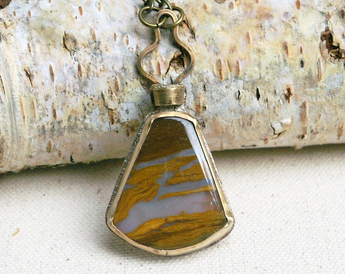Magic Potion Pendant, Good Luck Optima Fortuna Latin, Lavic Jasper Stone, Hand-fabricated Brass