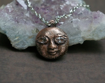 Copper Moon Charm, Starstruck Eyes, Recycled Metal, Cubic Zirconia, Rhodium Chain
