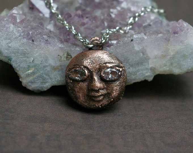 Copper Moon Charm, Starstruck Eyes, Recycled Metal, Cubic Zirconia, Rhodium Chain