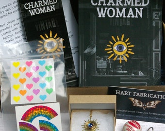 Book Box A Charmed Woman, Magic Realism Short Story, Brass and Glass Charm, Vintage Stickers