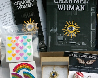 Magic Realism, Book Box A Charmed Woman, Short Story, Brass and Glass Charm, Vintage Stickers