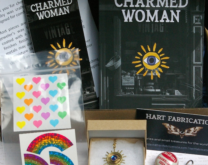 Magic Realism, Book Box A Charmed Woman, Short Story, Brass and Glass Charm, Vintage Stickers