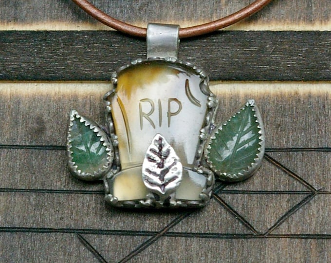 Agate & Emerald Grave Necklace, Sterling Silver Setting, NSFW Phrase, Dark Humor