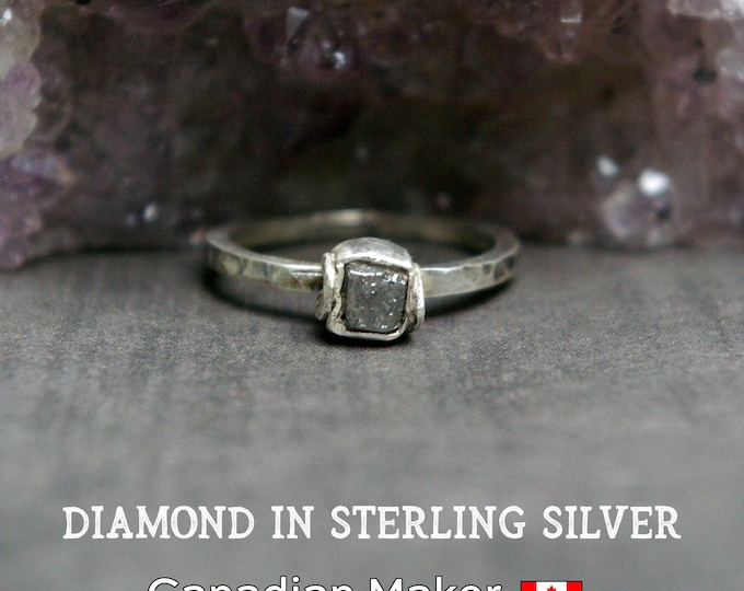 Raw Diamond Ring, Rough Gemstone, Brushed Sterling Silver, Hammered Band