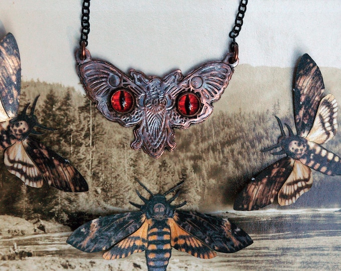 Mothman Necklace, Red-eyed Moth Art, Cryptid Creature Jewelry