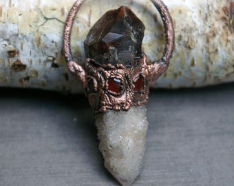 Spirit Quartz and Thunder Bay Amethyst Pendant, Garnet Accents, Recycled Copper
