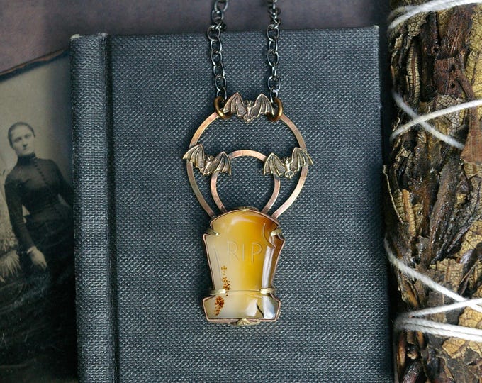 Gravestone Whimsigoth Necklace, Agate Grave, Brass Bats Setting, Halloween Jewelry