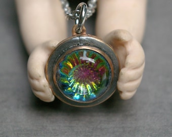 Vintage Rainbow Glass Button Bronze Pendant, Featured in "Her Experience Connection" Short Story