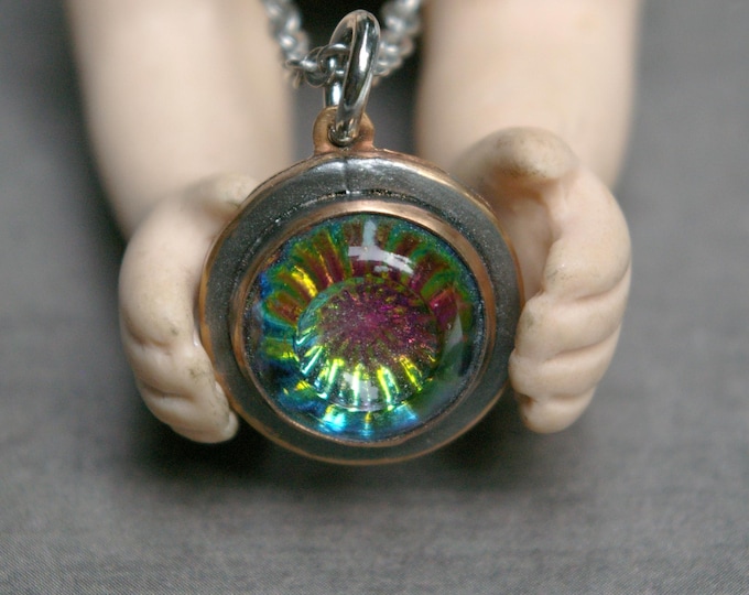 Vintage Rainbow Glass Button Bronze Pendant, Featured in "Her Experience Connection" Short Story