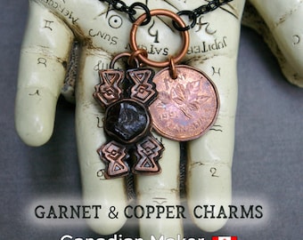 Charm Choker, Garnet and Copper Mini Pendant, Good Luck