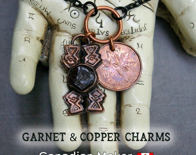 Charm Choker, Garnet and Copper Mini Pendant, Good Luck