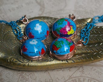 Vintage Globe Choker Necklace, Ocean Blue Enamel Chain, North or South Hemisphere