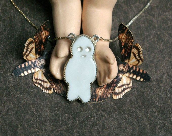 Creepy Cute Ghost Charm, Upcycled Plate, Sterling Silver Necklace, Box Link Chain