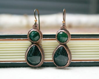 Cottagecore Drop Earrings, Spiderweb Obsidian and Green Onyx, Neo-Victorian Tudor