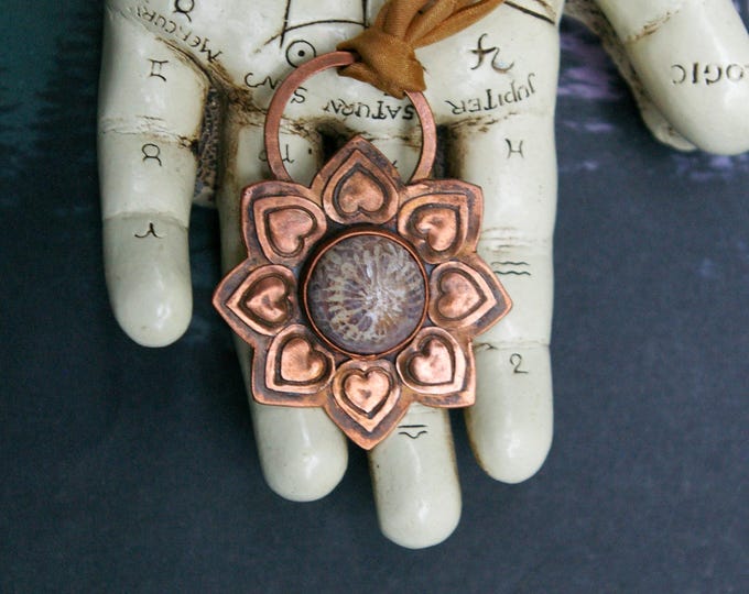 Abstract Flower Pendant, Coral Fossil in Recycled Copper Sheet, Tan Silk Cord