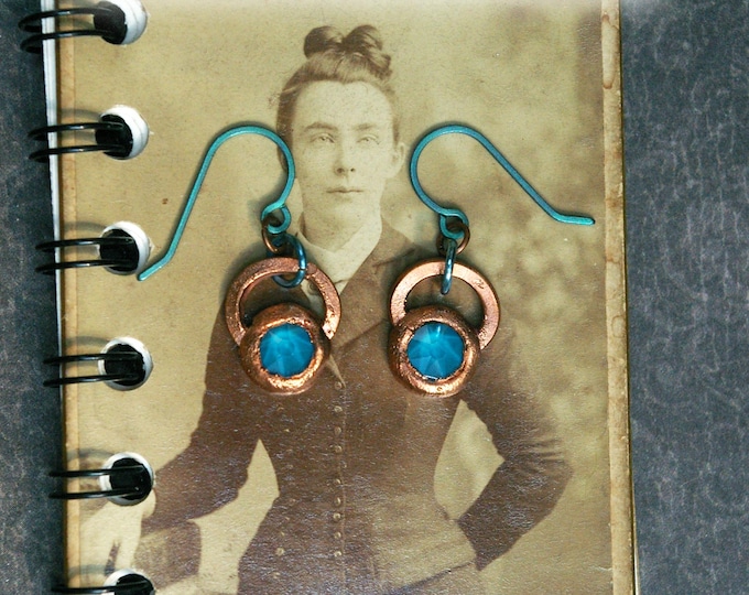 Teal Crystal & Titanium Earrings, Recycled Electroformed Copper Setting