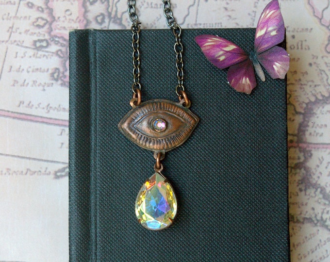 Eye Talisman, Second Sight, Occult Jewelry, Hand-stamped Copper, Aurora Rhinestones