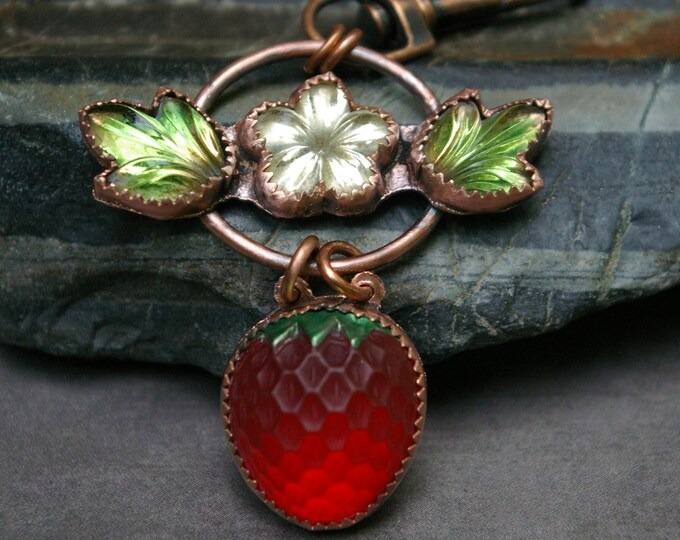 Retro Strawberry Bag Charm, Copper Setting & Carabiner Clasp