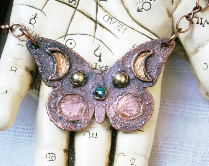 Butterfly Necklace, Reversible Design, Electroformed Pendant, Recycled Copper, Brass Moons, Swarovski Crystal