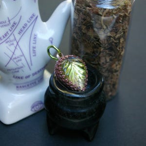 Green Leaf Charm, Vintage Glass Stone, Hand-fabricated Copper Setting