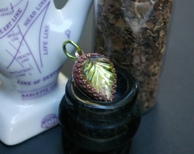 Green Leaf Charm, Vintage Glass Stone, Hand-fabricated Copper Setting