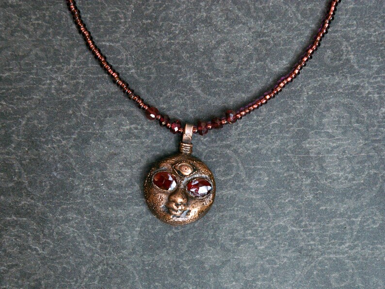 Third Eye Moon Choker, Garnet Starstruck Eyes, Recycled Copper, Beaded Cord image 2