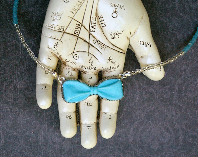 Upcycled Vintage Barrette, Blue Bow in Silver Setting, Seed Bead Cord