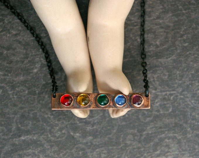 Rainbow Bar Necklace, Vintage Glass Stones, Copper Setting, Black Steel Chain