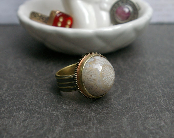 Fossilized Coral and Upcycled Gear Ring, Brass Setting and Band, Size 8
