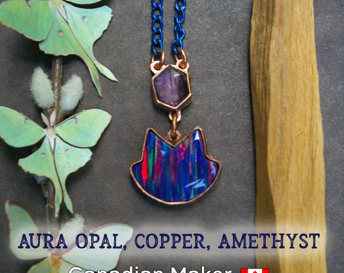Cat Necklace, Cobalt Blue Aura Opal, Faceted Amethyst, Copper Setting, Aluminum Chain