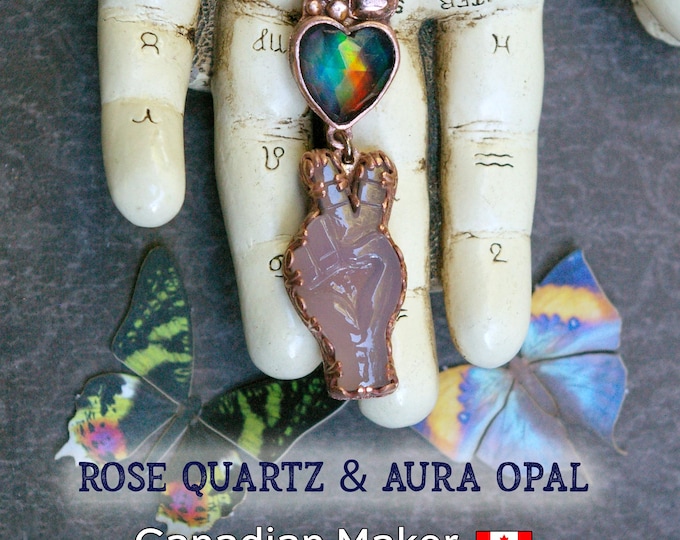 Peace & Love Necklace, Carved Rose Quartz Hand, Aura Opal Doublet Heart