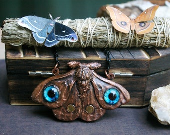 Emperor Moth Necklace, Electroformed Copper, Glass Eyes, Black Enamel Chain