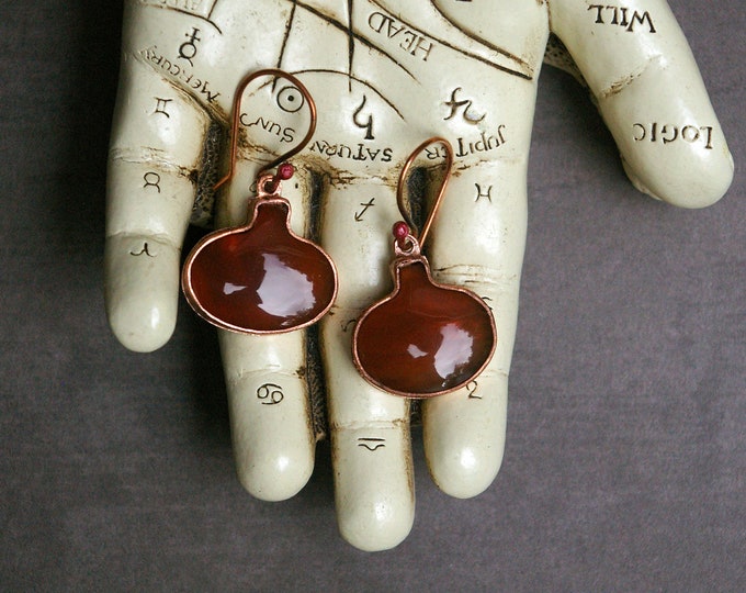 Halloween Earrings, Pumpkin Shape, Orange Agate Stone, Hand-cut Copper Setting, Copper Earwires