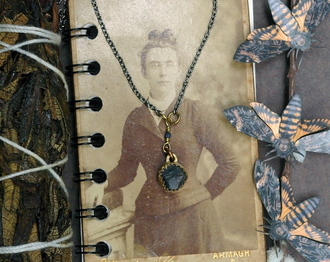 Cottagecore Necklace, Raw Sapphire in Brass, Y Charm, Gunmetal Cable Chain