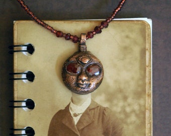 Mystic Moon Choker Necklace, Garnet Starstruck Eyes, Recycled Copper, Beaded Cord