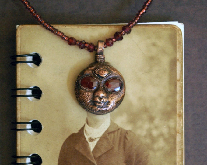 Mystic Moon Choker Necklace, Garnet Starstruck Eyes, Recycled Copper, Beaded Cord
