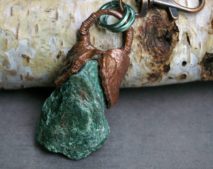 Witchy Bag Charm, Raw Green Fuchsite, Copper Leaves, Aluminum Accent Rings