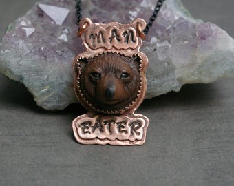 Bear Necklace, Feminist Theme, Man Eater, Faux Taxidermy, Stamped Soldered Copper