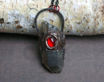 Smoky Quartz Shadow Work Pendant, Recycled Copper & Vintage Glass, Black Steel Chain