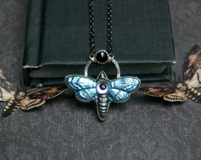 Weirdcore Hawkmoth Necklace, Fairypunk Purple Eye Cyclops, Sterling Silver Setting