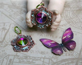 Vintage Color-shift Glass in Copper Charm, Flower of Avalon Amulet, Hand-stamped, Hand-cut