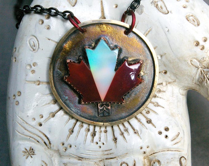Maple Leaf Medallion, Mixed Metal Pendant, Aura Opal Instarsia, Abstract Canadian Flag