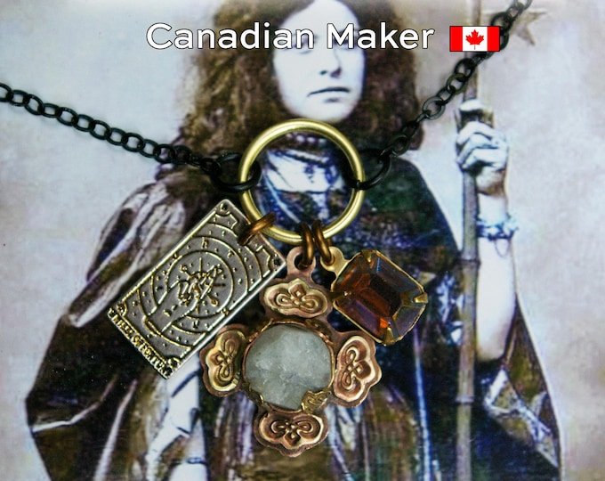 Charm Cluster Necklace, Raw Moonstone in Brass Pendant, Tarot and Vintage Glass
