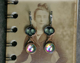 Haunted Skull Earrings, Acrylic & Vintage Glass, Copper on Stainless Steel