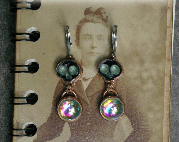 Haunted Skull Earrings, Acrylic & Vintage Glass, Copper on Stainless Steel