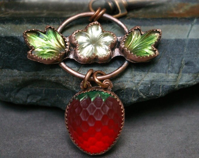 Retro Strawberry Bag Charm, Copper Setting & Carabiner Clasp