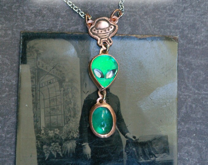 Alien Visitor Necklace, Hand-fabricated Copper, Vintage Glass, Laser-cut Acrylic