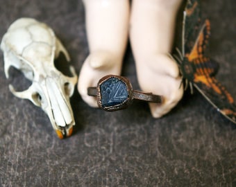 Raw Sapphire, Record Keeper, Recycled Electroformed Copper Ring, Size 7
